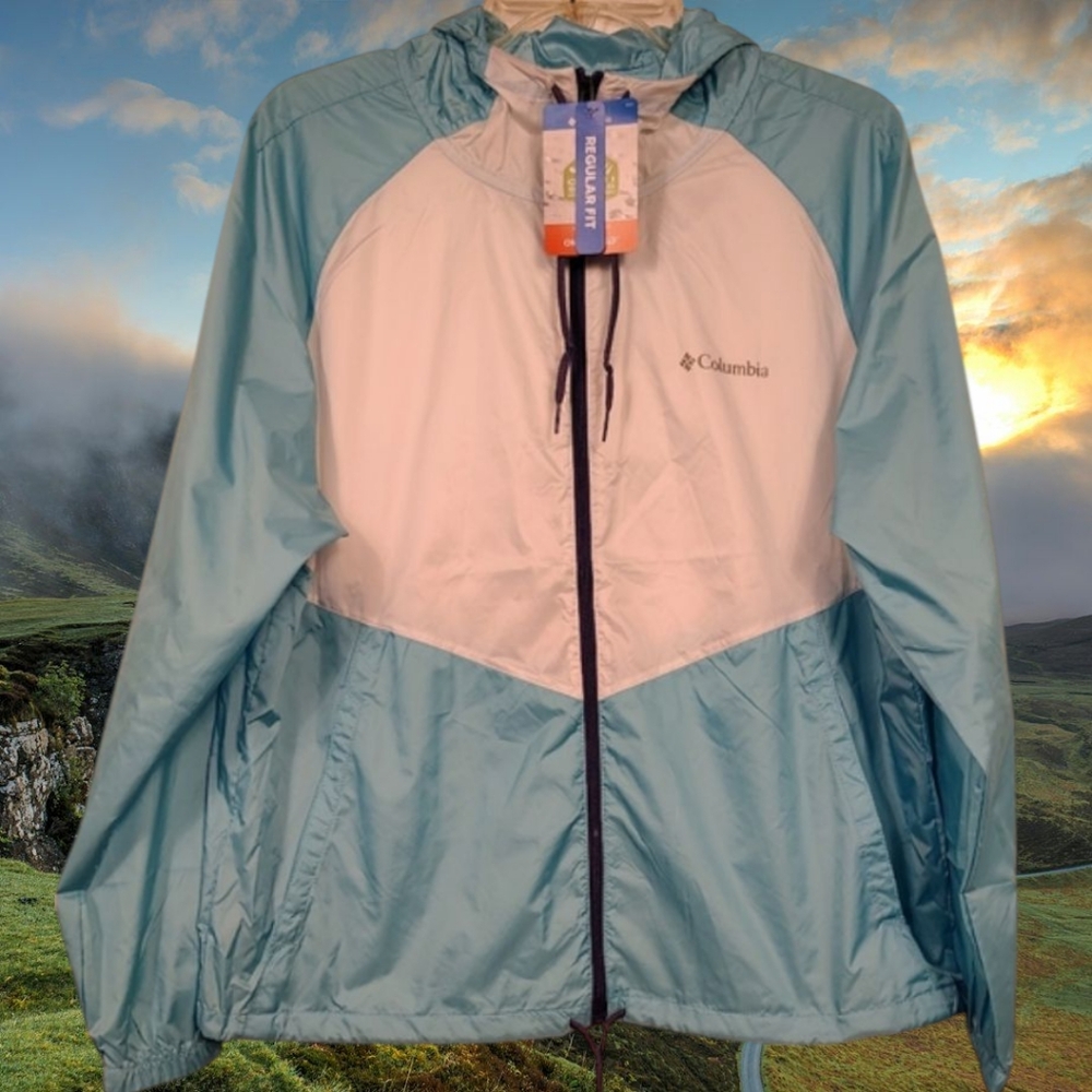 Columbia Hooded Windbreaker Jacket – Turquoise & White, Zippered. Size L